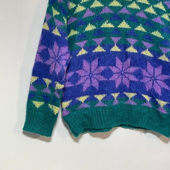 Gallagher Mohair Sweater Womens Large Purple Green Snowflake Abstract Pullover - Picture 4 of 13